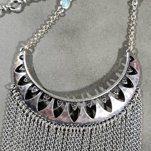 Lucky Brand Silver Tone Boho‎ Waterfall Fringe Necklace Turquoise Accents New - Picture 5 of 7